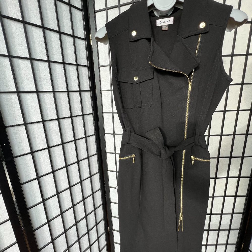 Calvin Klein Black Moto Belted Notch Collar Sheath Mini Dress Size 8